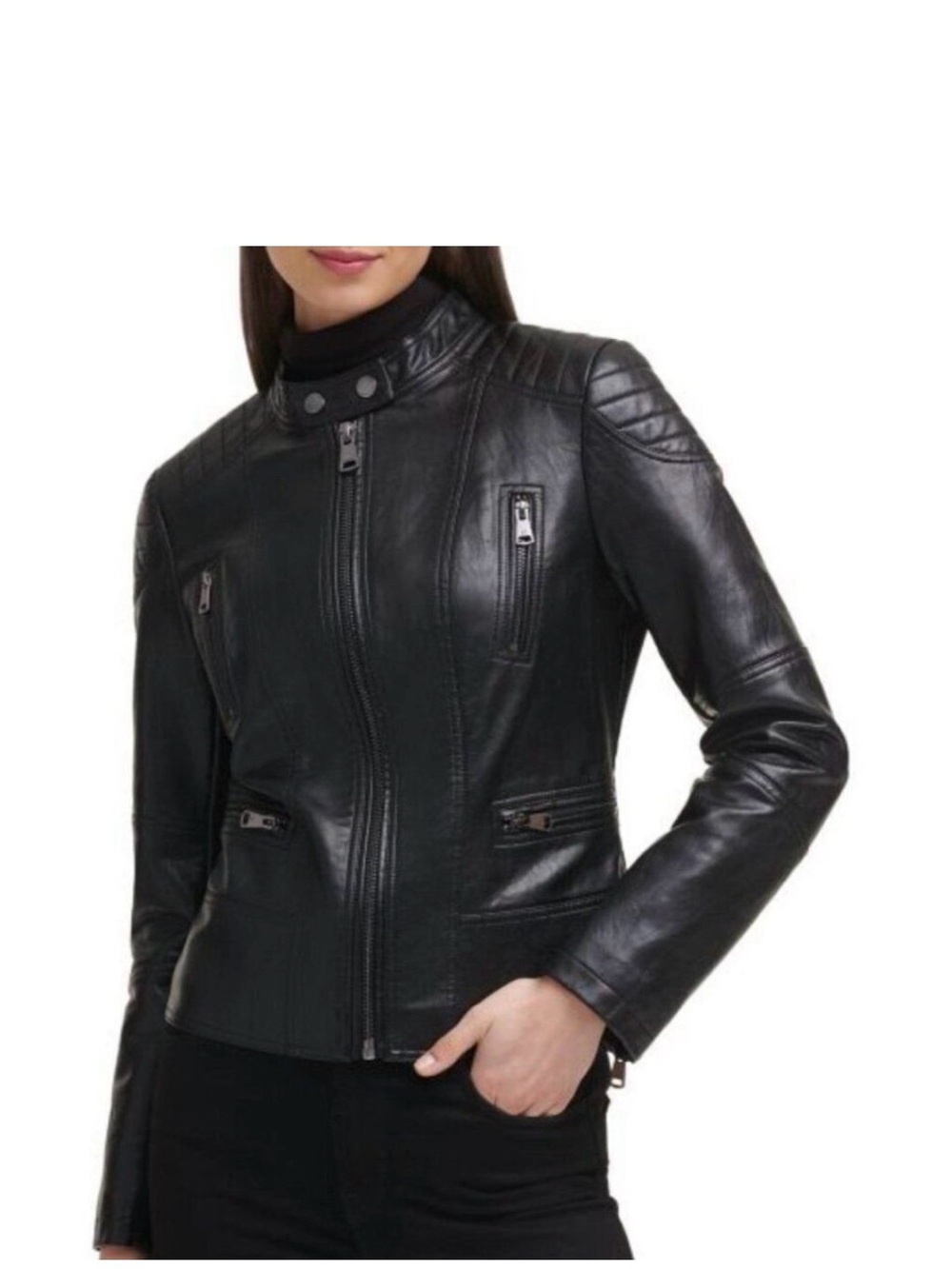 Kenneth Cole Black Leather like Moto Jacket with Snap Collar